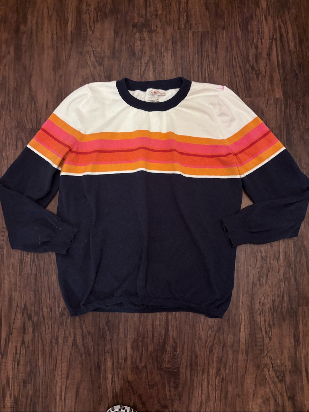 Faherty Navy Crewneck Sweater with White, Orange and Pink Stripes
